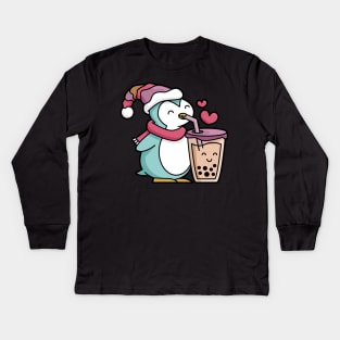 Cute Penguin Sipping Bubble Tea Kids Long Sleeve T-Shirt